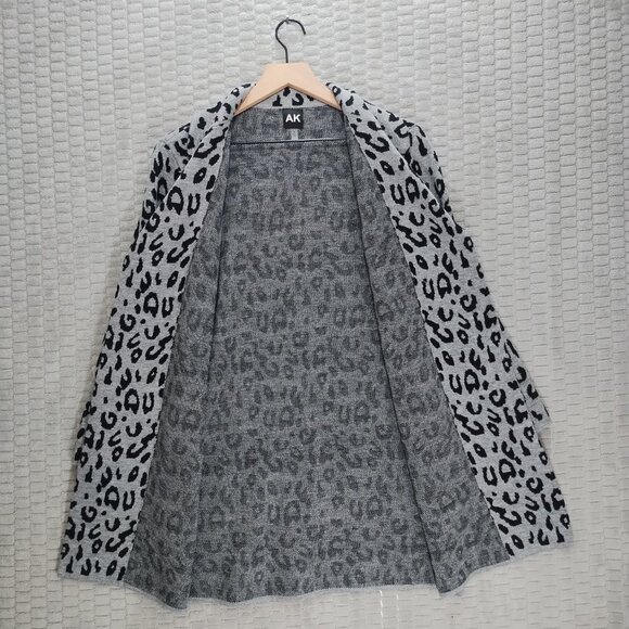 Anne Klein Gray Leopard Print Longline Blazer Sweater-Faux Double Breasted-Sz M - Picture 6 of 12